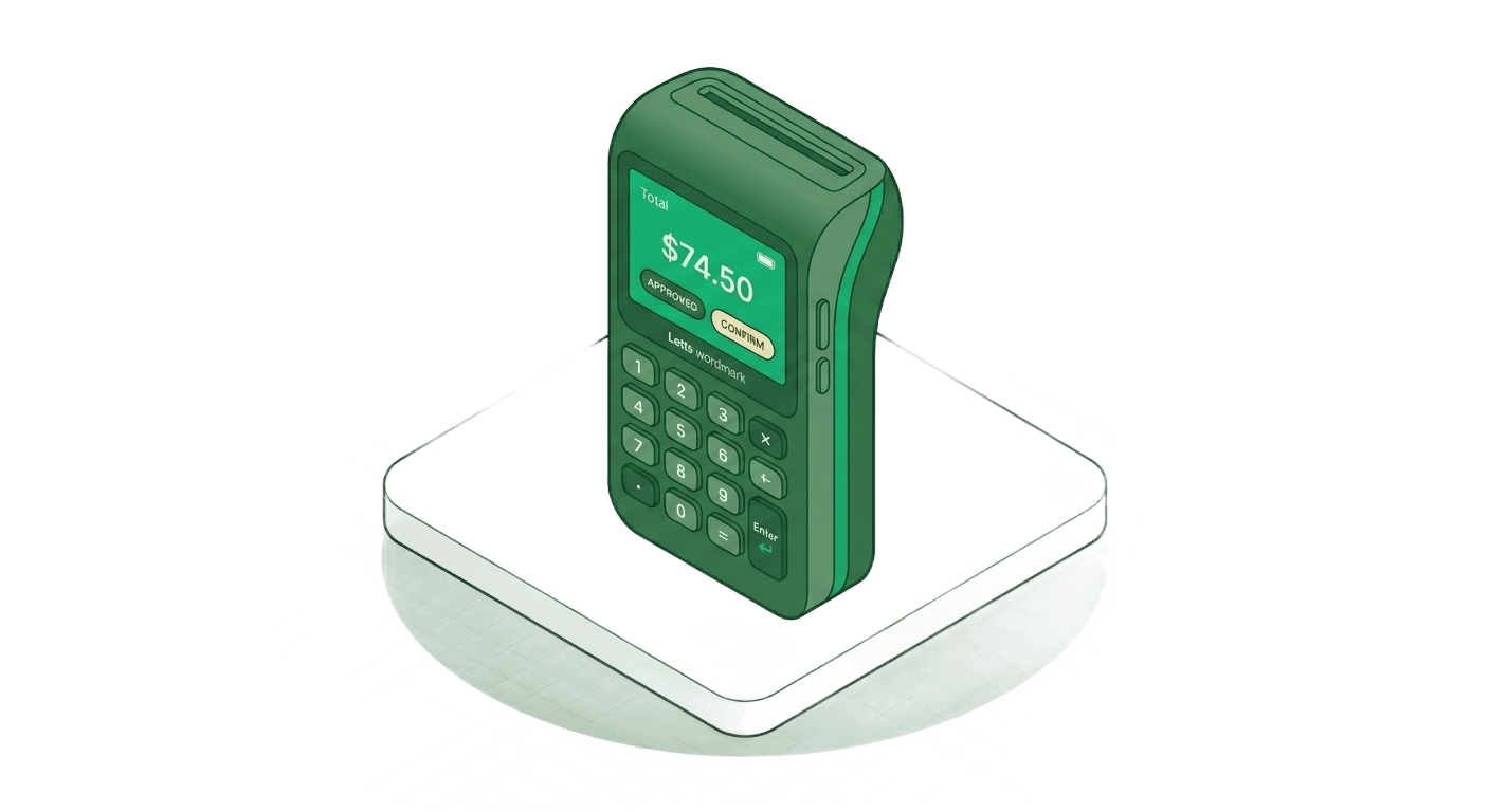 Isometric handheld payment terminal showing a card transaction in progress